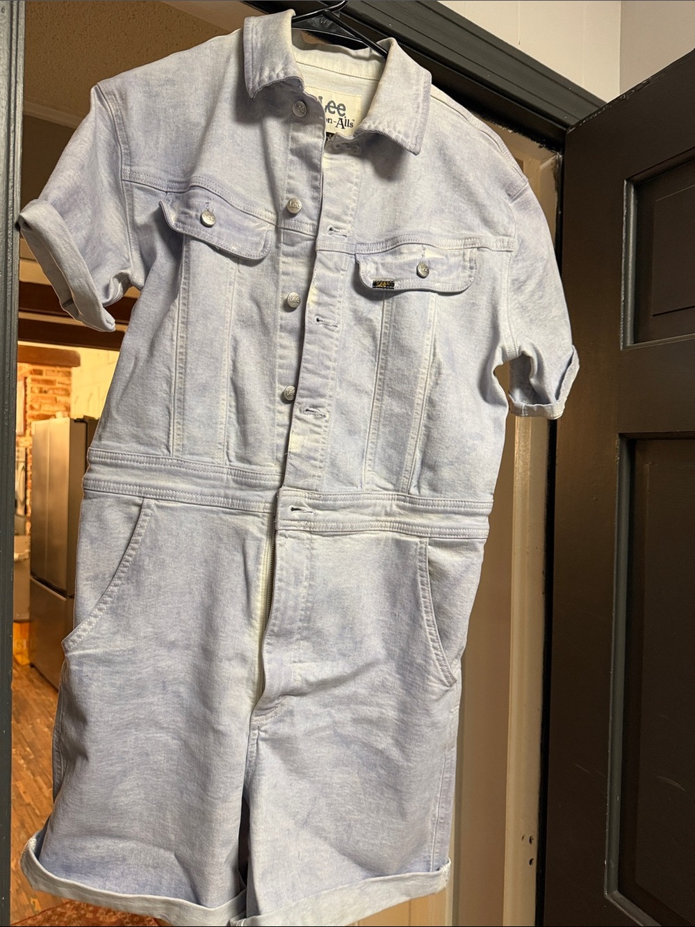 Anthropology Lee Light Blue Short Sleeve Denim Romper. Small fits like a medium